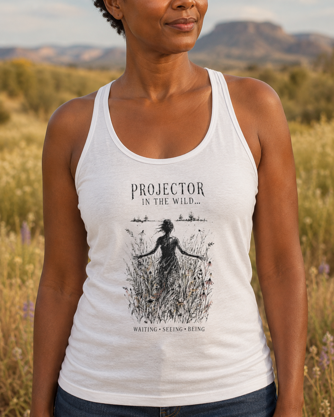 Projector in the Wild Women’s Racerback Tank — Waiting, Seeing, Being